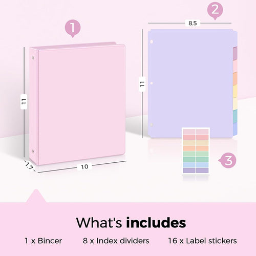 1 Inch 3-Ring Binder with 8 Dividers for Letter Size, Durable Heavy Duty Loose-Leaf Organizer for School Office Home – Letter Size Document Folder with Custom Section Tabs Light Purple
