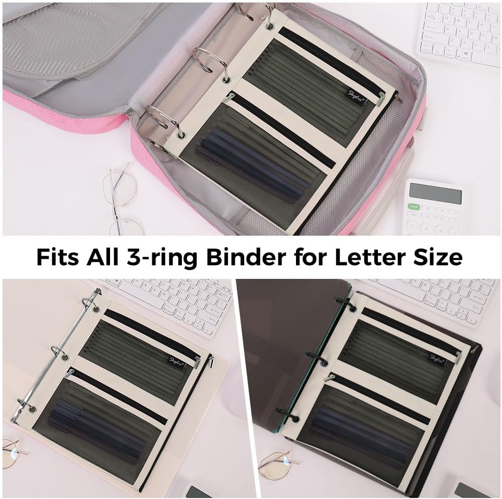 SKYDUE Pencil Pouch for Binder, Pencil Case, 3 Ring Binder Pencil Pouch with 3 Pockets and Mesh Window, Zipper Pencil Pouch, Durable Organizer for School Supplies, Cables, Earbuds, Makeup