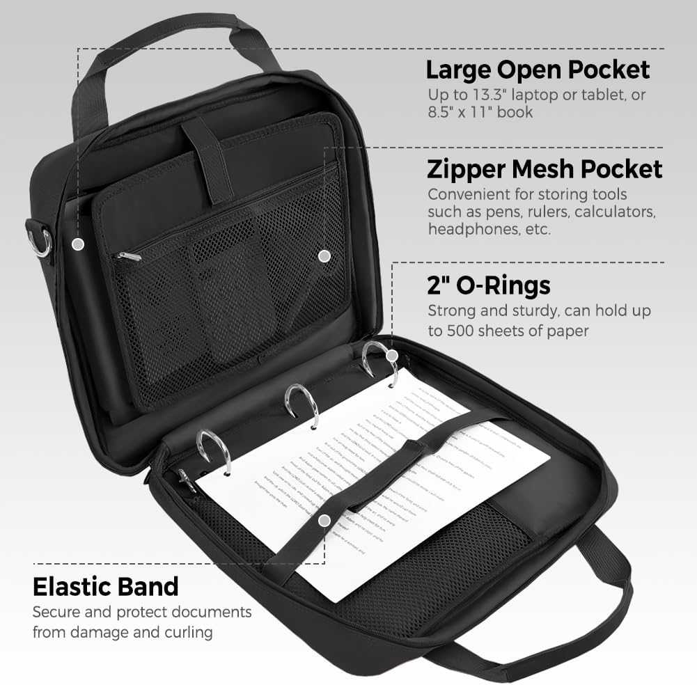 SKYDUE Zipper Binder 2 Inch O-Ring School Binder, Oxford Fabric School Organizer Holds 400+ Sheets, Fits 13.3" Laptop, Water-Resistant, Handle & Shoulder Strap, 14"x13" – Black