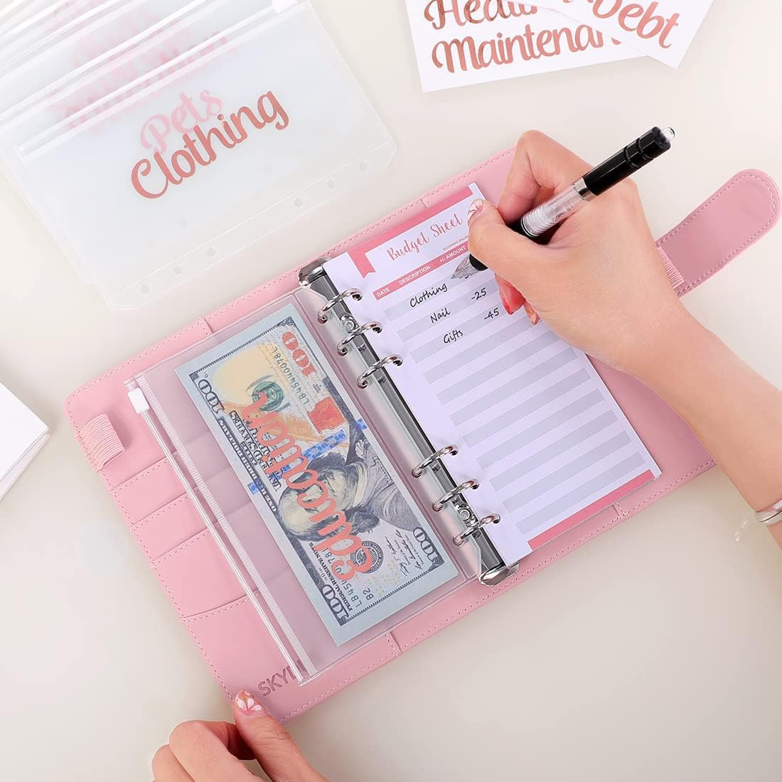 SKYDUE Budget Binder with 8pcs Zipper Envelopes,Money Organizer for Cash with 12pcs Expense Sheets & 24 Rose Gold Sticky Labels