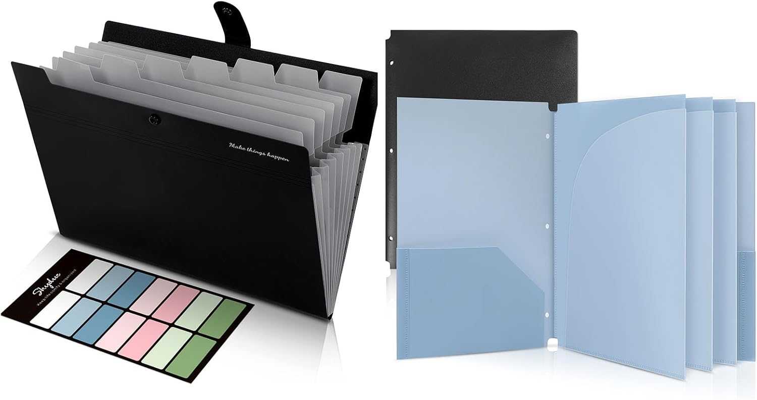 SKYDUE 8 Pockets Expanding File Folders, Accordion Folders&Plastic Pocket Folders，2 Pockets and 3 Dividers, Letter Size – Fits 3-Ring Binders