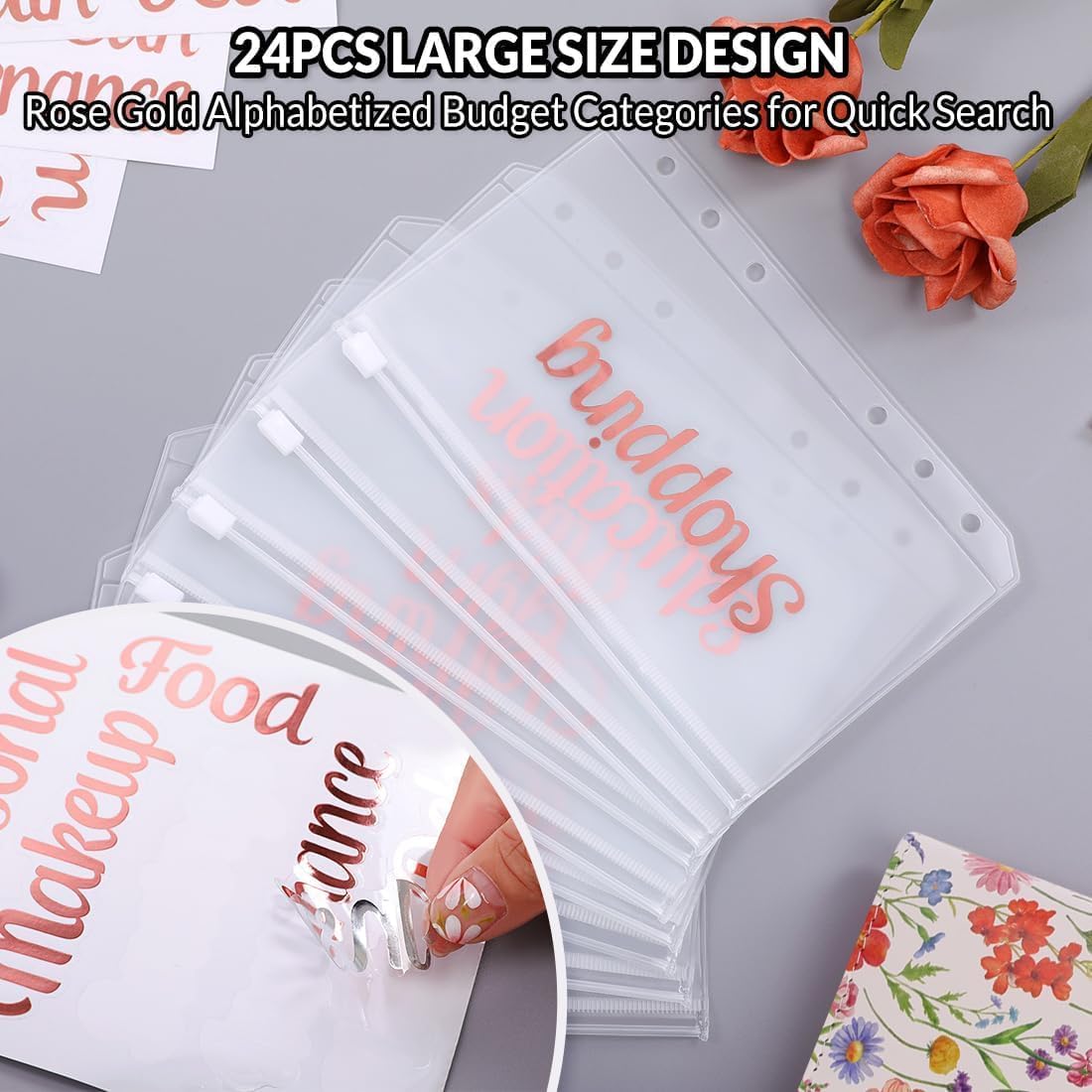 SKYDUE Budget Binder with 8pcs Zipper Envelopes,Money Organizer for Cash with 12pcs Expense Sheets & 24 Rose Gold Sticky Labels