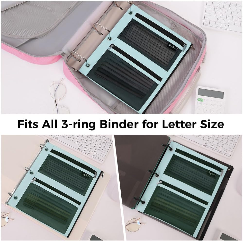 SKYDUE Pencil Pouch for Binder, Pencil Case, 3 Ring Binder Pencil Pouch with 3 Pockets and Mesh Window, Zipper Pencil Pouch, Durable Organizer for School Supplies, Cables, Earbuds, Makeup