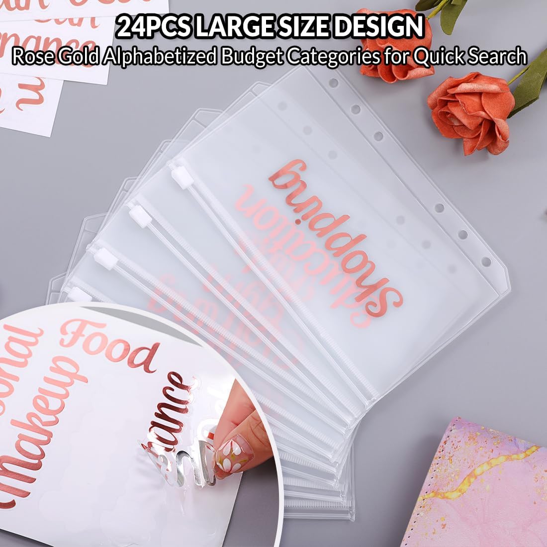 SKYDUE Budget Binder with 8pcs Zipper Envelopes,Money Organizer for Cash with 12pcs Expense Sheets & 24 Rose Gold Sticky Labels