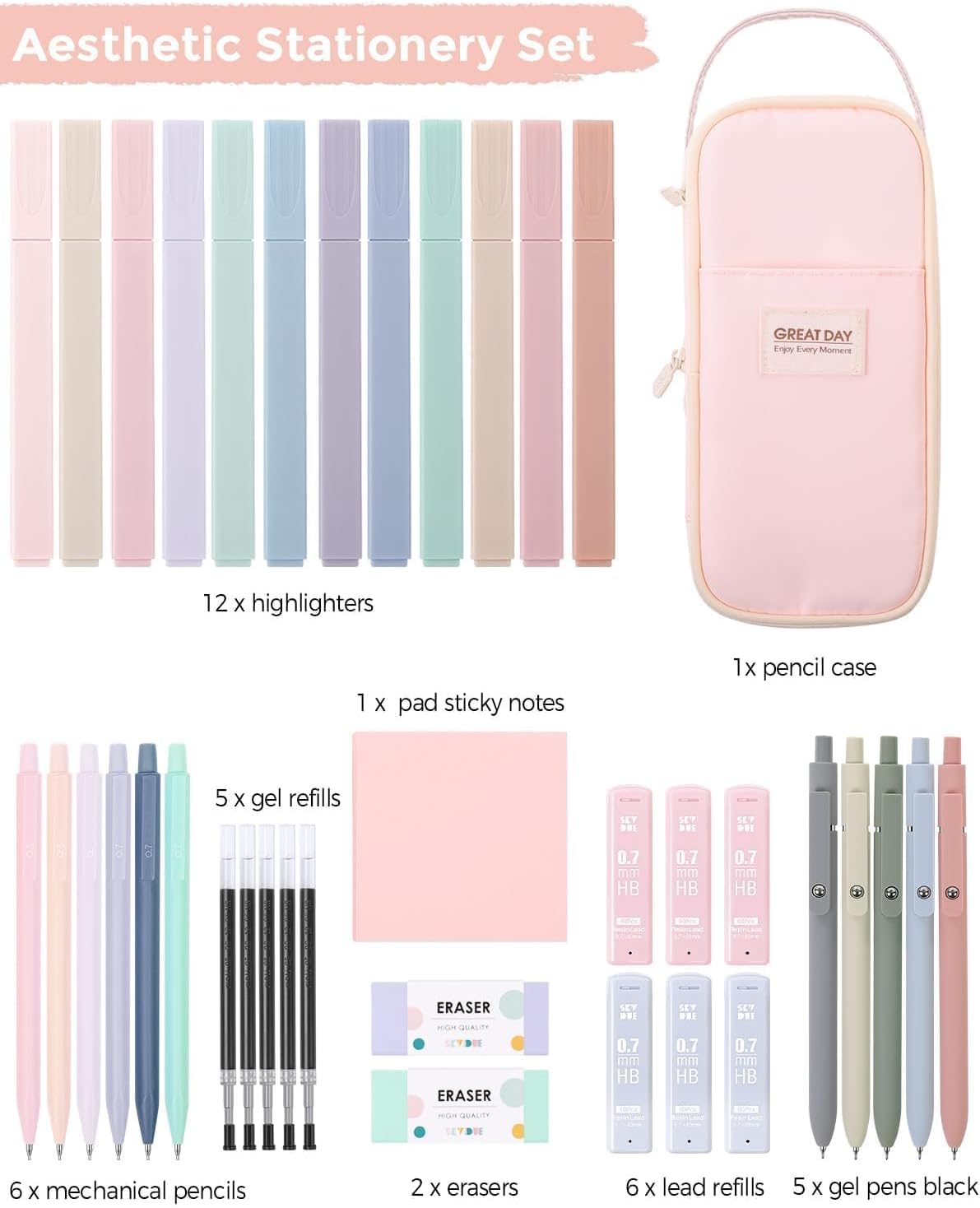 SKYDUE Cute School Supplies 38 PCS, Pencil Case with 12 Pastel Highlighters, 5 Black Gel Pens, Mechanical Pencils, College Essentials Students Stationary Set Pink