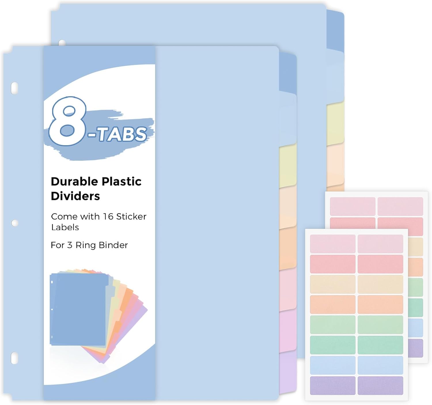 SKYDUE 8 Tab Binder Dividers, Letter Size, Durable Plastic Dividers for 3 Ring Binder, Write & Erase Binder Dividers with Tabs, 1 Set, Aesthetic Pastels Binder Divider for School, Office