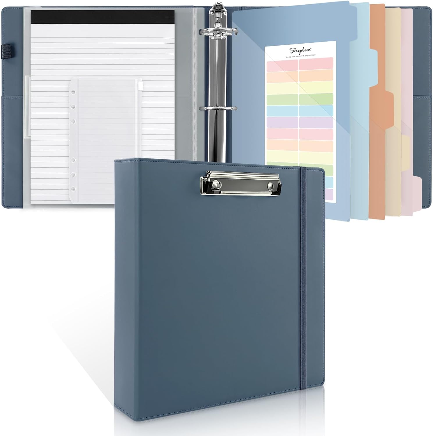 SKYDUE Clipboard Binder with Refillable Notepad, PU Clipboard Folder Includes 5 Dividers with 10 Pockets, Labels, 3 Ring Binder 1 Inch for School Office (Fit Letter Sized Paper),Olivegreen