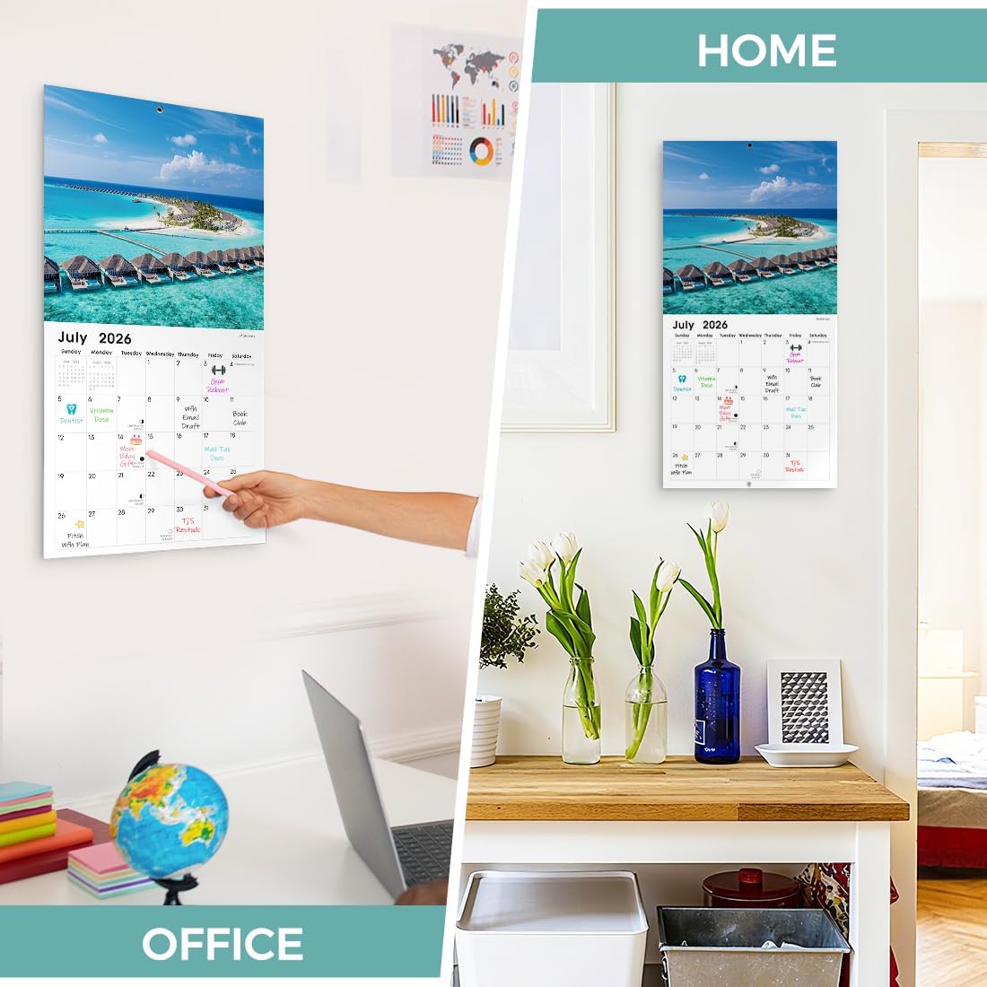 SKYDUE 2026 Wall Calendar 12"x24" Opened, 18-Month Puppy Dog Calendar from January 2026 to June 2027 with Stickers, Thick Paper Monthly Calendar for Home Office Organizing & Planning