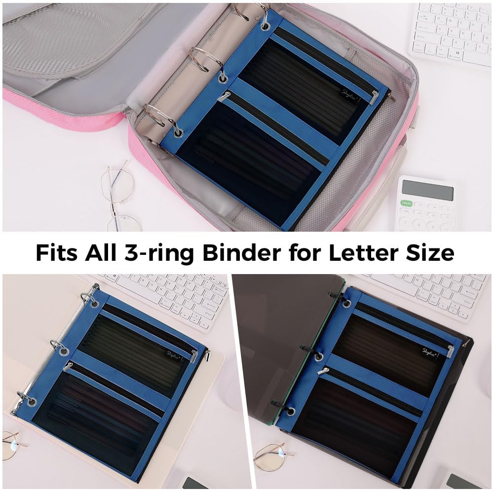 SKYDUE Pencil Pouch for Binder, Pencil Case, 3 Ring Binder Pencil Pouch with 3 Pockets and Mesh Window, Zipper Pencil Pouch, Durable Organizer for School Supplies, Cables, Earbuds, Makeup