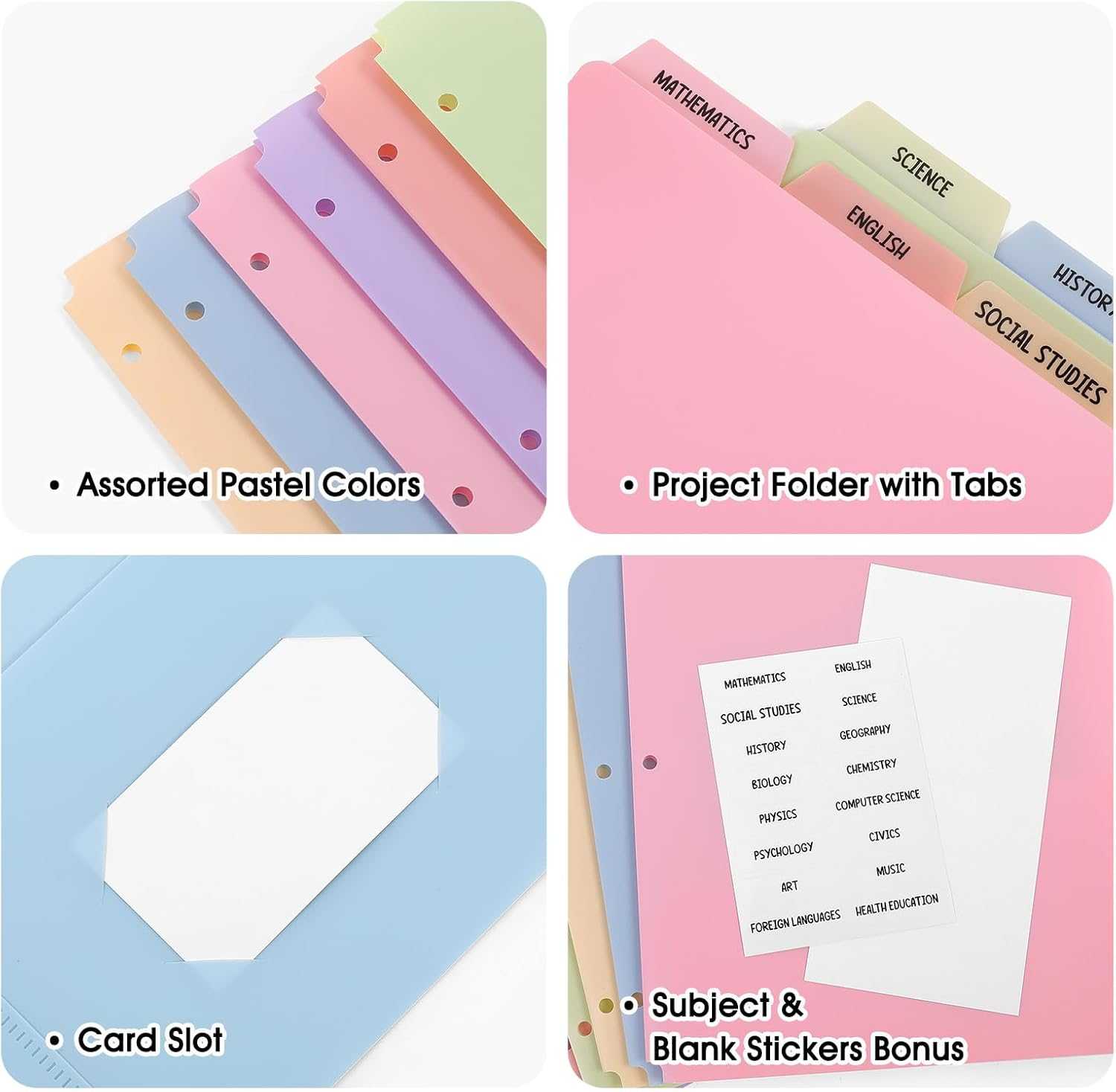 SKYDUE Plastic Folders with Pockets and Tabs – Set of 6 Pastel Colors, 2 Pockets per Folder, 3-Hole Punched, Waterproof – Includes Subject and Blank Labels for School & Office