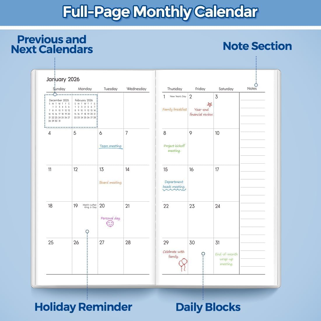 SKYDUE Pocket Calendar 2026-2027, Monthly Planner Jan 2026- Dec 2027 for Purse, 6.7" x 3.7" 2 Year Small Pocket Planner, Compact Design with Plastic Sleeve Blue