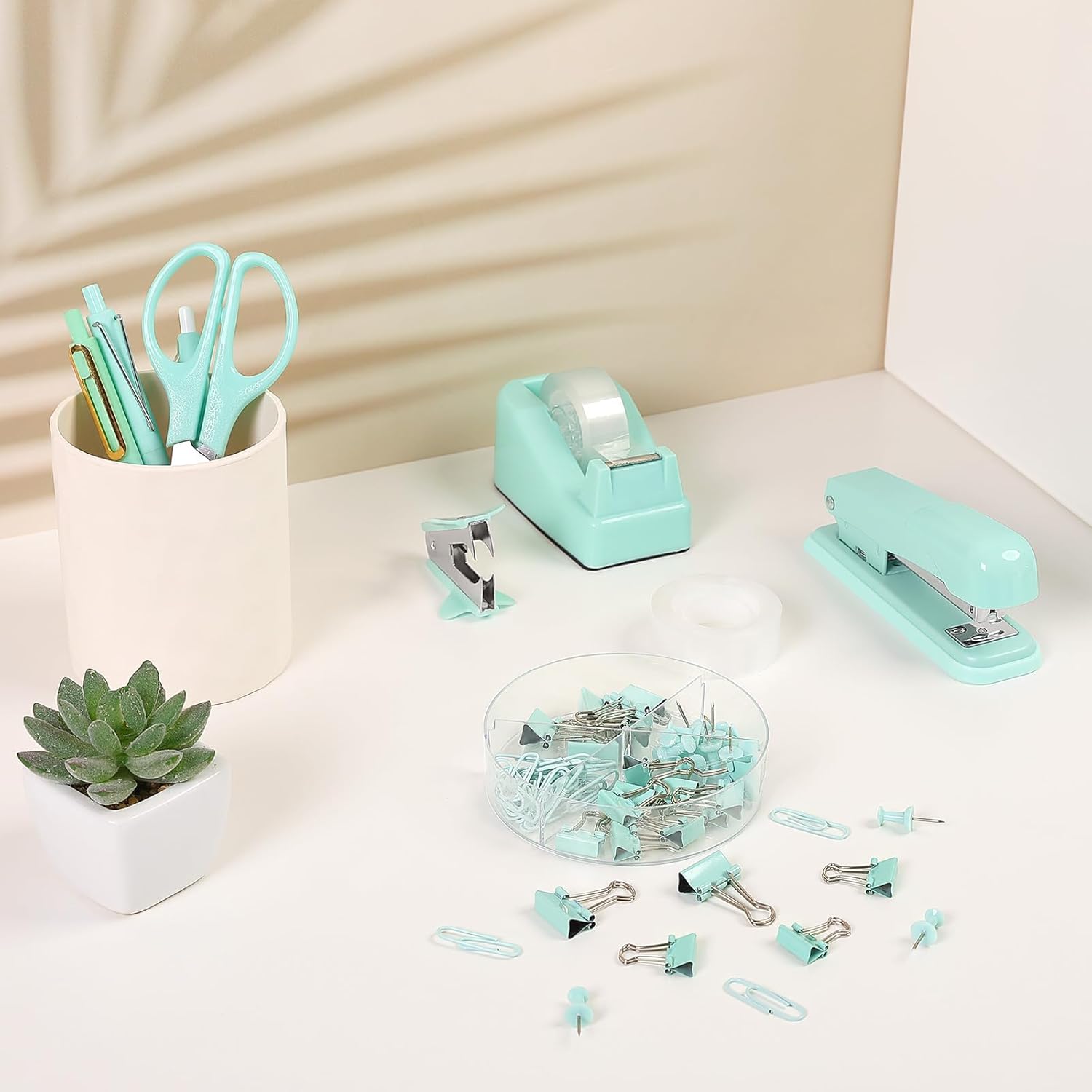 SKYDUE Pink Office Desk Accessories, Pink Office Supplies, Stapler, Tape Dispenser, Scissors, Clips and 1000pcs Staples,Office Supplies for Desk for Women