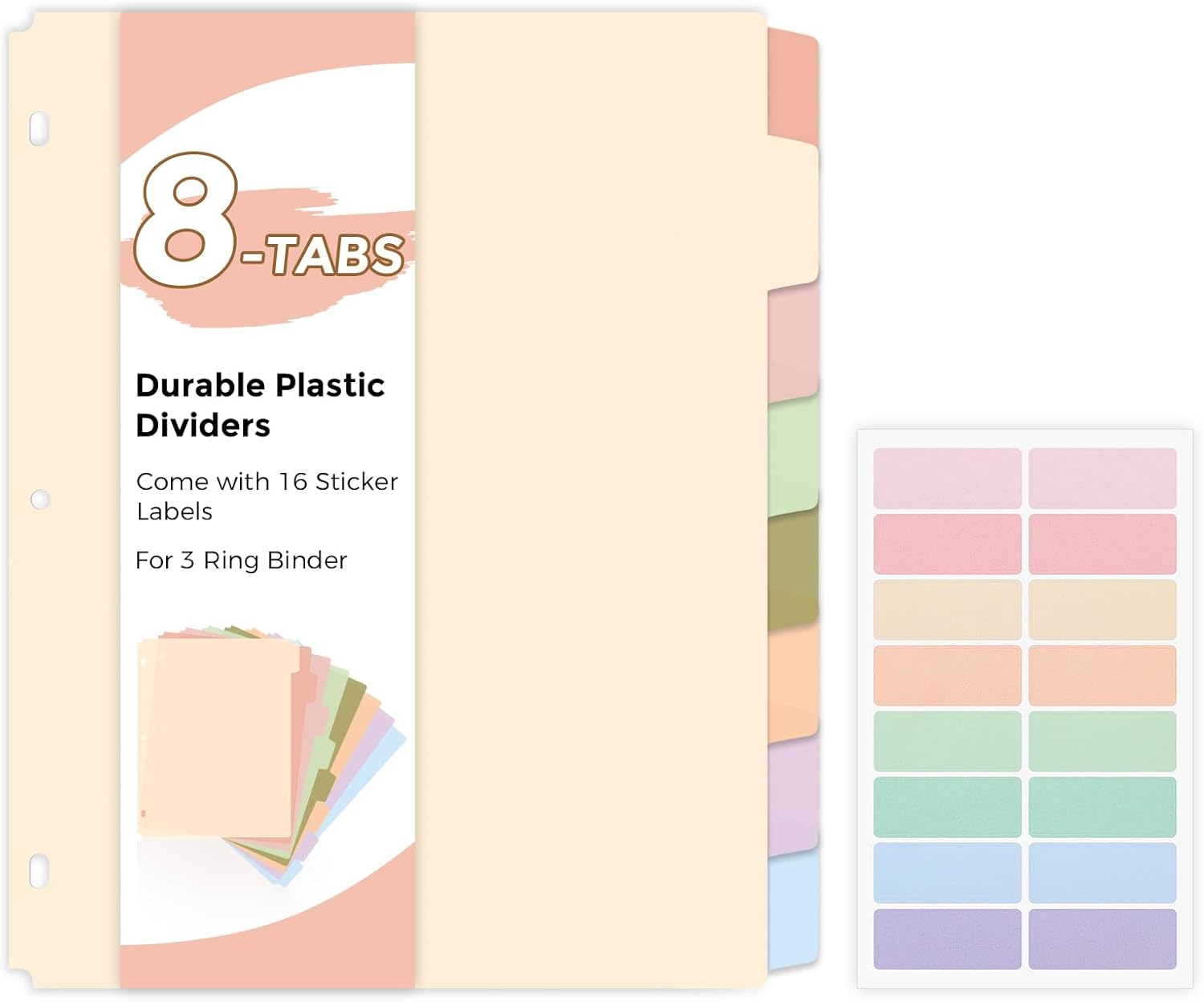SKYDUE 8 Tab Binder Dividers, Letter Size, Durable Plastic Dividers for 3 Ring Binder, Write & Erase Binder Dividers with Tabs, 1 Set, Aesthetic Pastels Binder Divider for School, Office