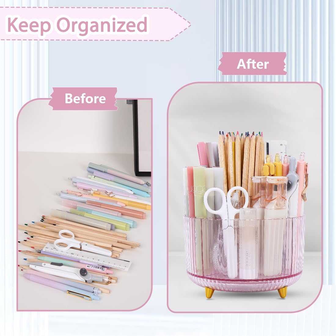 SKYDUE Rotating Pencil Pen Holder, Pen Organizer with 5 Slots - Aesthetic Desk Organizer and Accessories for School, Home, Office Supplies, Clear Pink