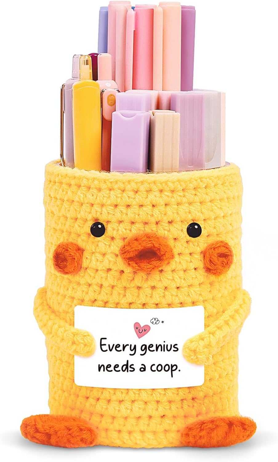 SKYDUE Crocheted Pen & Pencil Holder with Inspirational Card - Handmade Desk Organizer for Office, School, Home - Functional Desk Decor Pen Cup