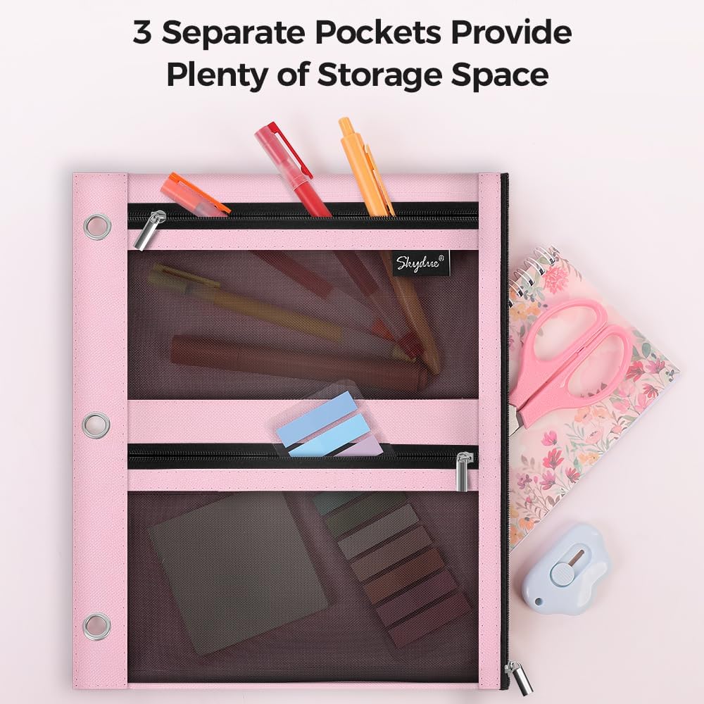 SKYDUE Pencil Pouch for Binder, Pencil Case, 3 Ring Binder Pencil Pouch with 3 Pockets and Mesh Window, Zipper Pencil Pouch, Durable Organizer for School Supplies, Cables, Earbuds, Makeup