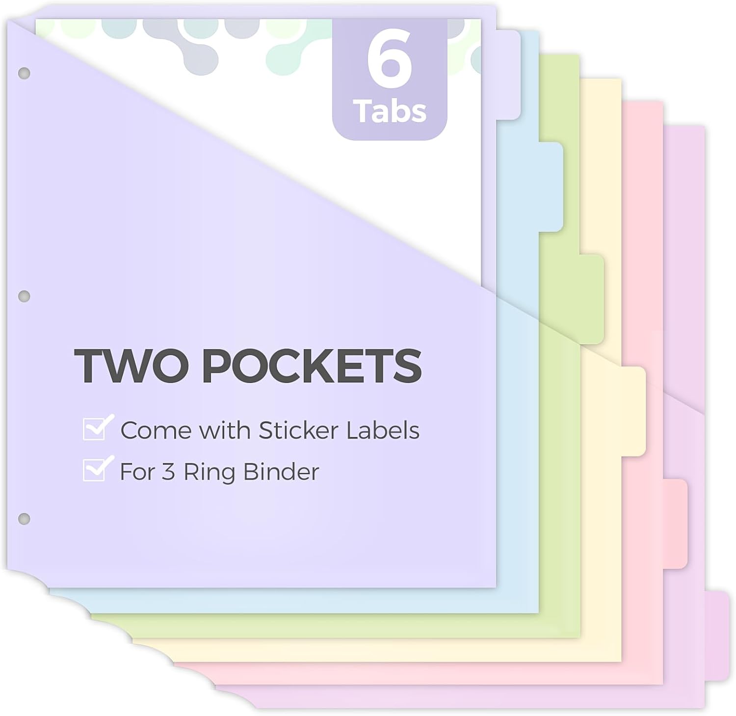 SKYDUE Binder Dividers with Tabs and Pockets, 6 Tabs Dividers for 3 Ring Binder, Tear-Resistant Plastic Binder Dividers for School, Office, Home