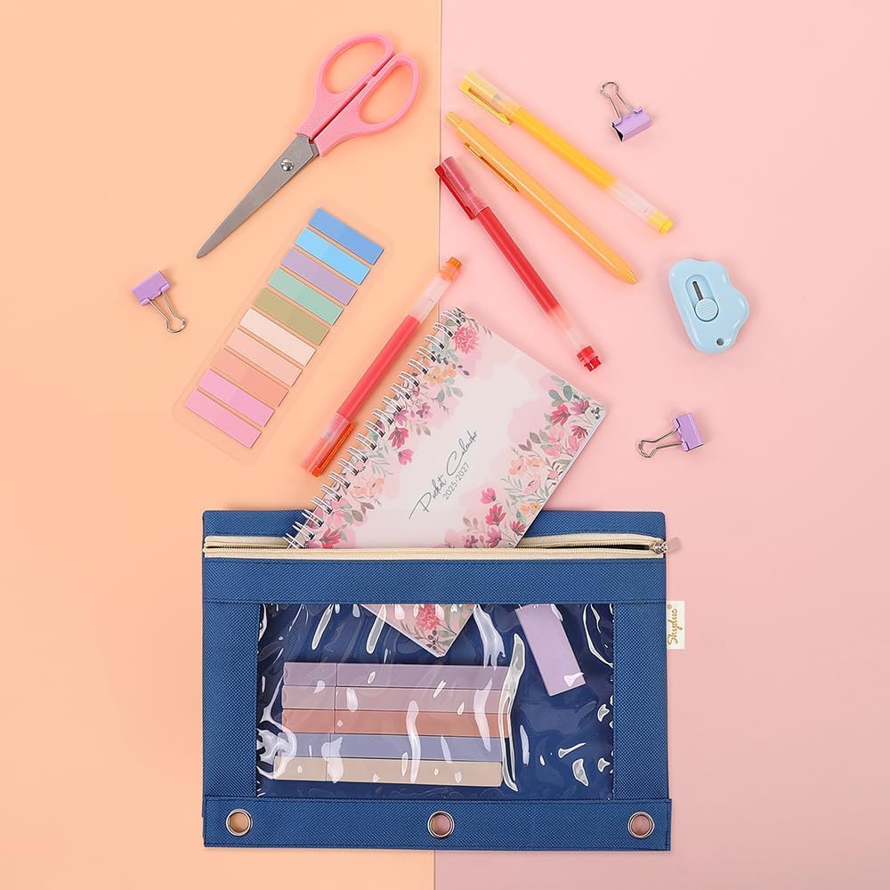 SKYDUE 3 Ring Pencil Pouch for Binder, Zipper Binder Pencil Pouch with 3 Pockets and Mesh Window, Durable Organizer for School Supplies, Cables, Earbuds, Makeup