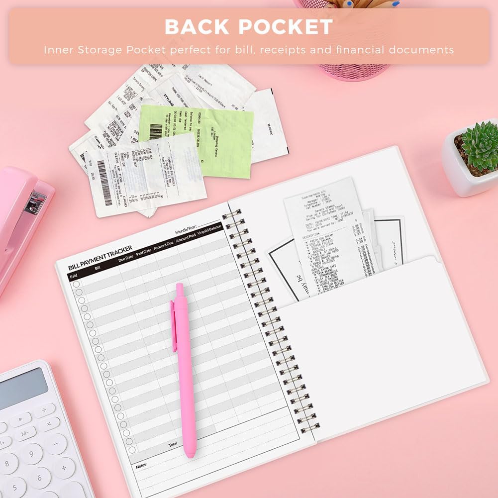 Bill Tracker Notebook, Monthly Bill Payment Checklist, 6" x 8.5", Bill Organizer with Back Pocket for Personal Budgeting Financial, 128 Pages