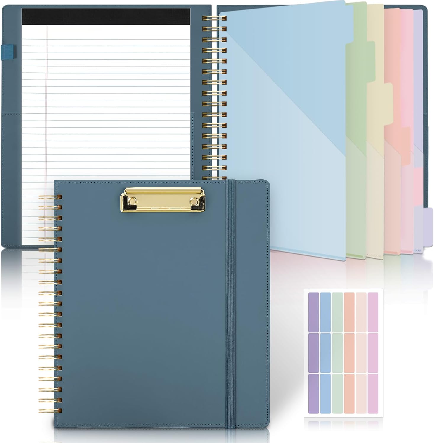 SKYDUE Clipboard Folder with Storage, 6 Dividers with 12 Pockets for Letter Size, Storage Clipboard Folio with Refillable Notepad, Spiral Clipboards Padfolio for Teacher Worker Supplies