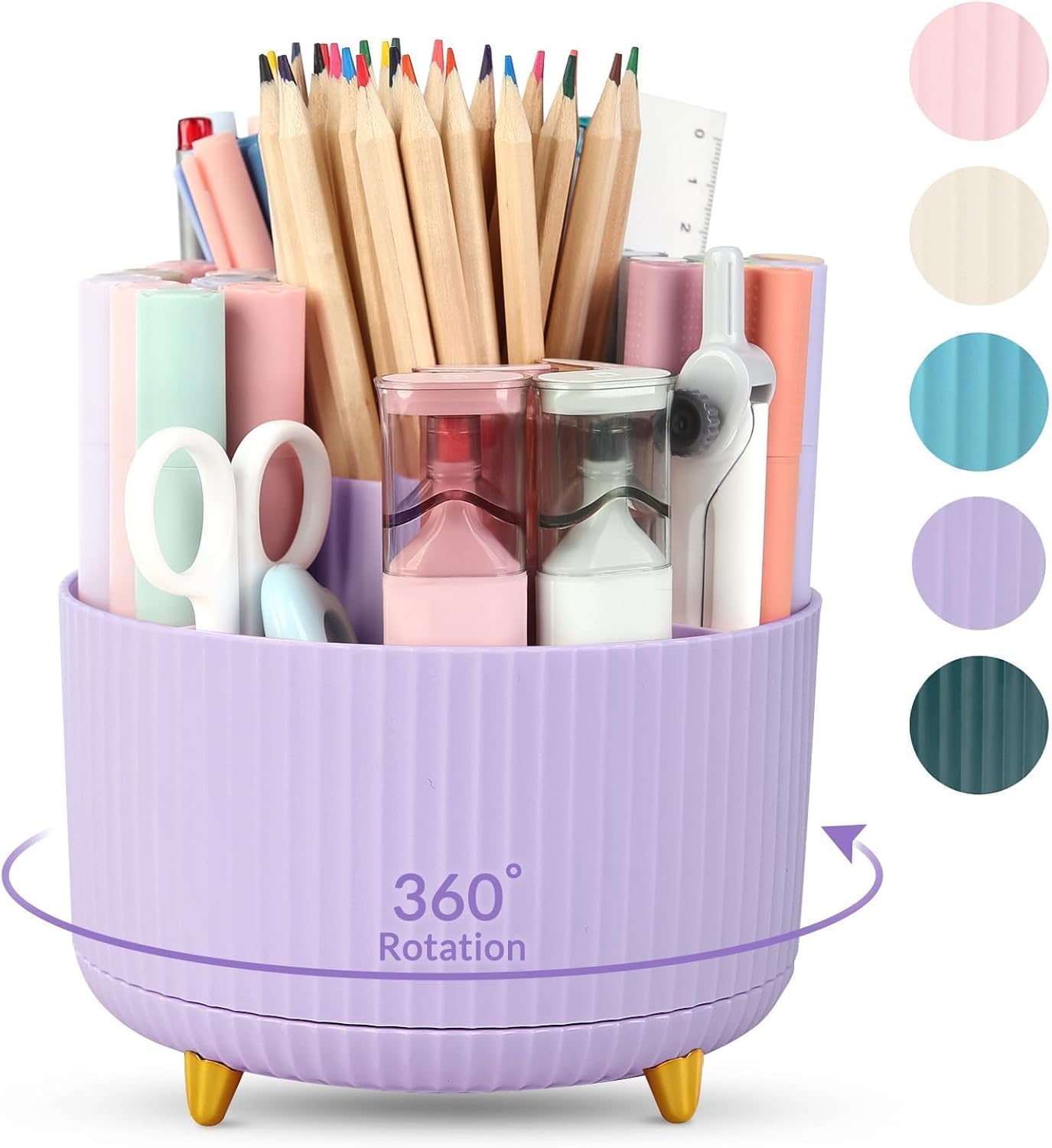 SKYDUE 360 Rotating Plastic Desk Pen Organizer with 5 Slots, Dual-Purpose Art Supply Pencil Cup for Office, School, Home