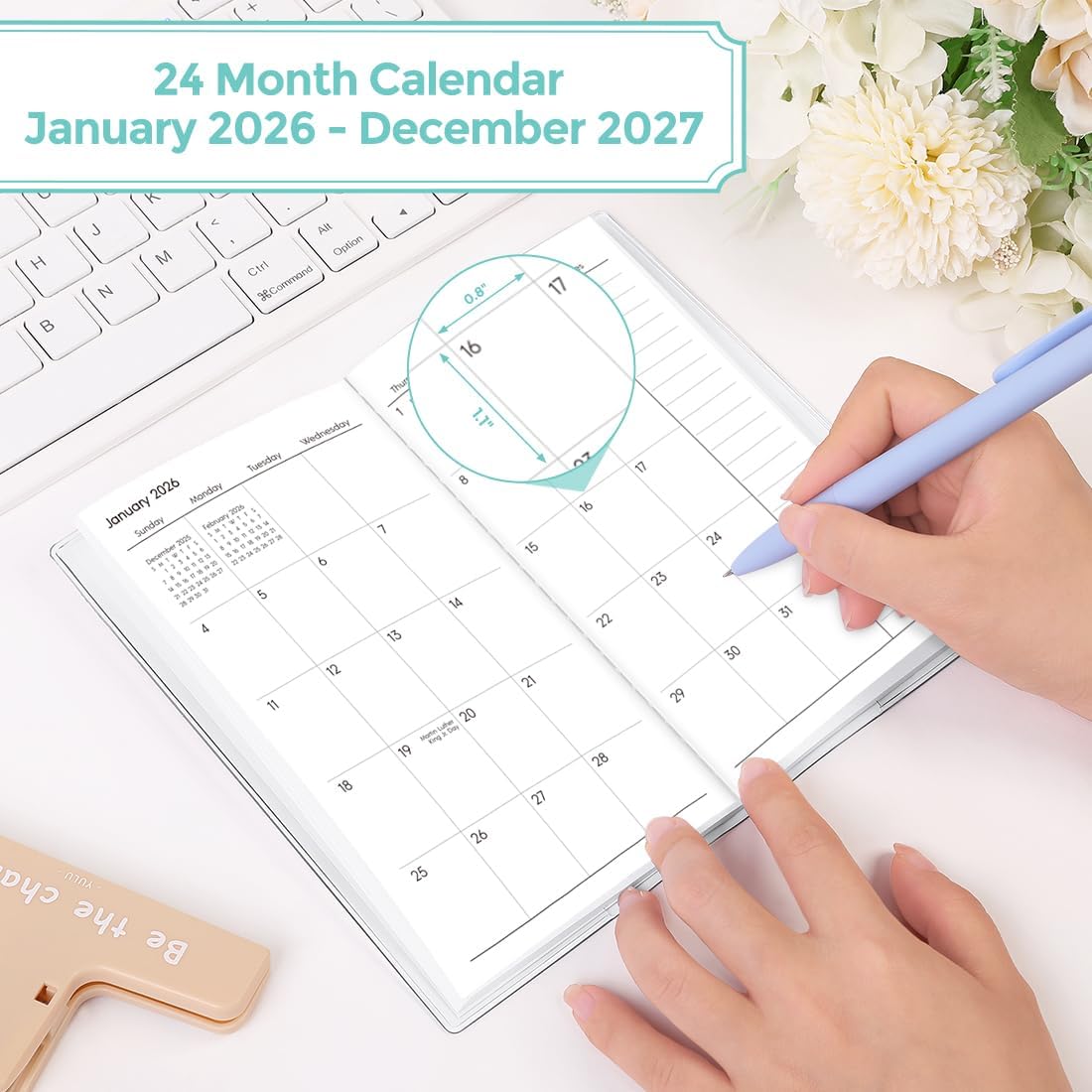 SKYDUE Pocket Calendar 2026-2027, Monthly Planner Jan 2026- Dec 2027 for Purse, 6.7" x 3.7" 2 Year Small Pocket Planner, Compact Design with Plastic Sleeve Blue