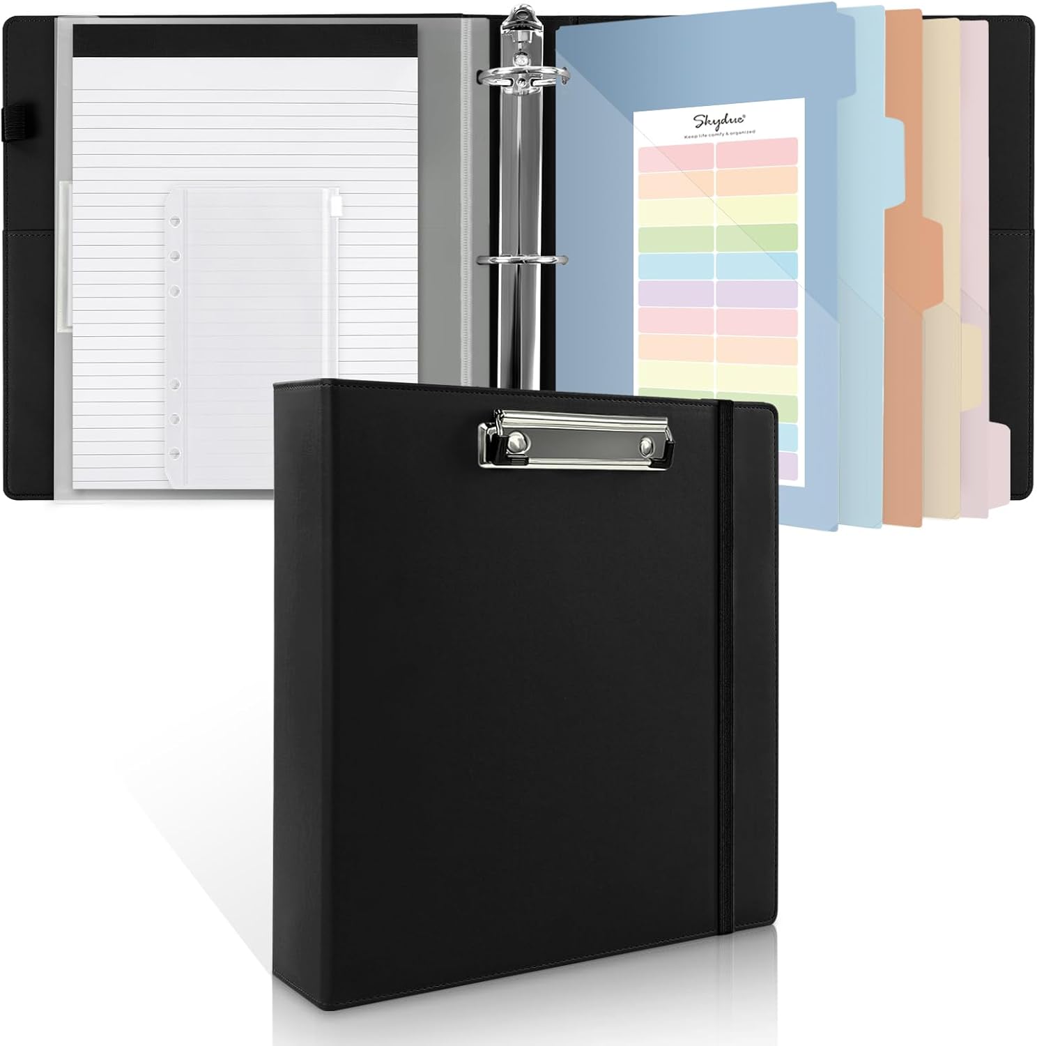SKYDUE Clipboard Binder with Refillable Notepad, PU Clipboard Folder Includes 5 Dividers with 10 Pockets, Labels, 3 Ring Binder 1 Inch for School Office (Fit Letter Sized Paper),Olivegreen