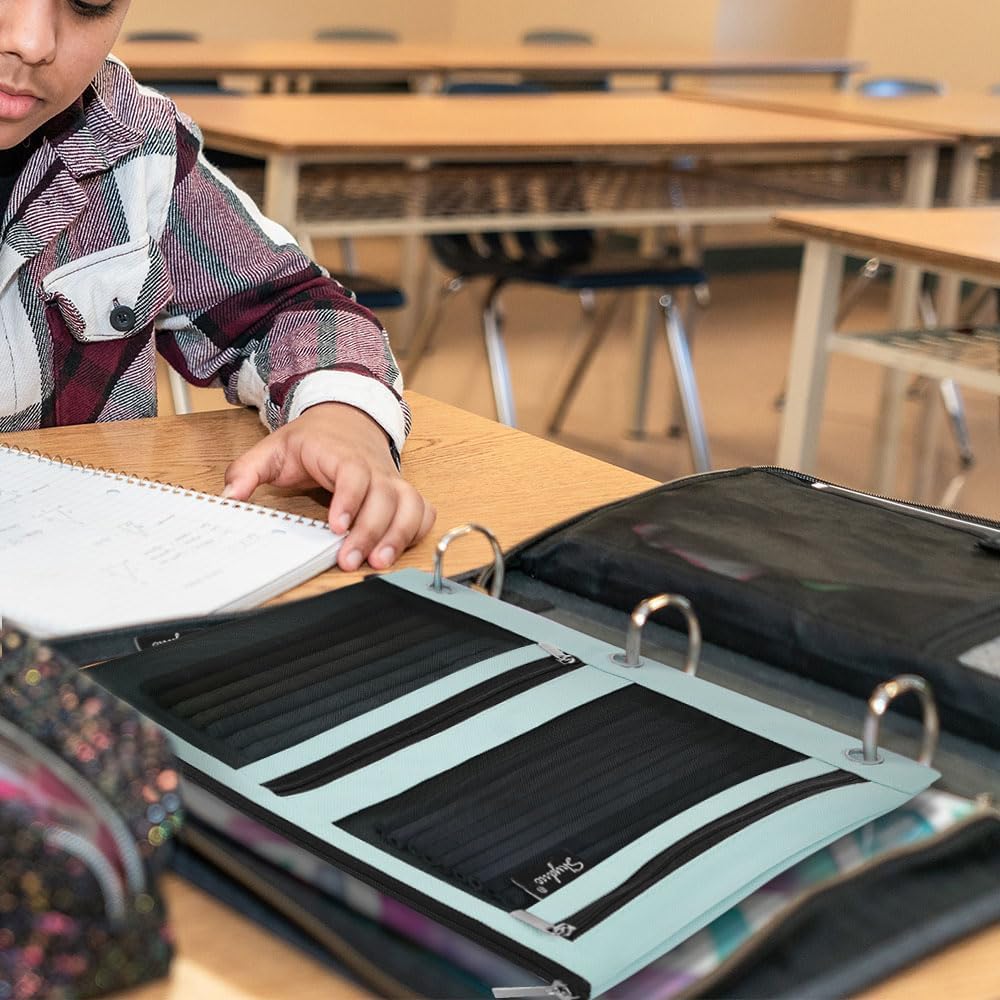 SKYDUE Pencil Pouch for Binder, Pencil Case, 3 Ring Binder Pencil Pouch with 3 Pockets and Mesh Window, Zipper Pencil Pouch, Durable Organizer for School Supplies, Cables, Earbuds, Makeup