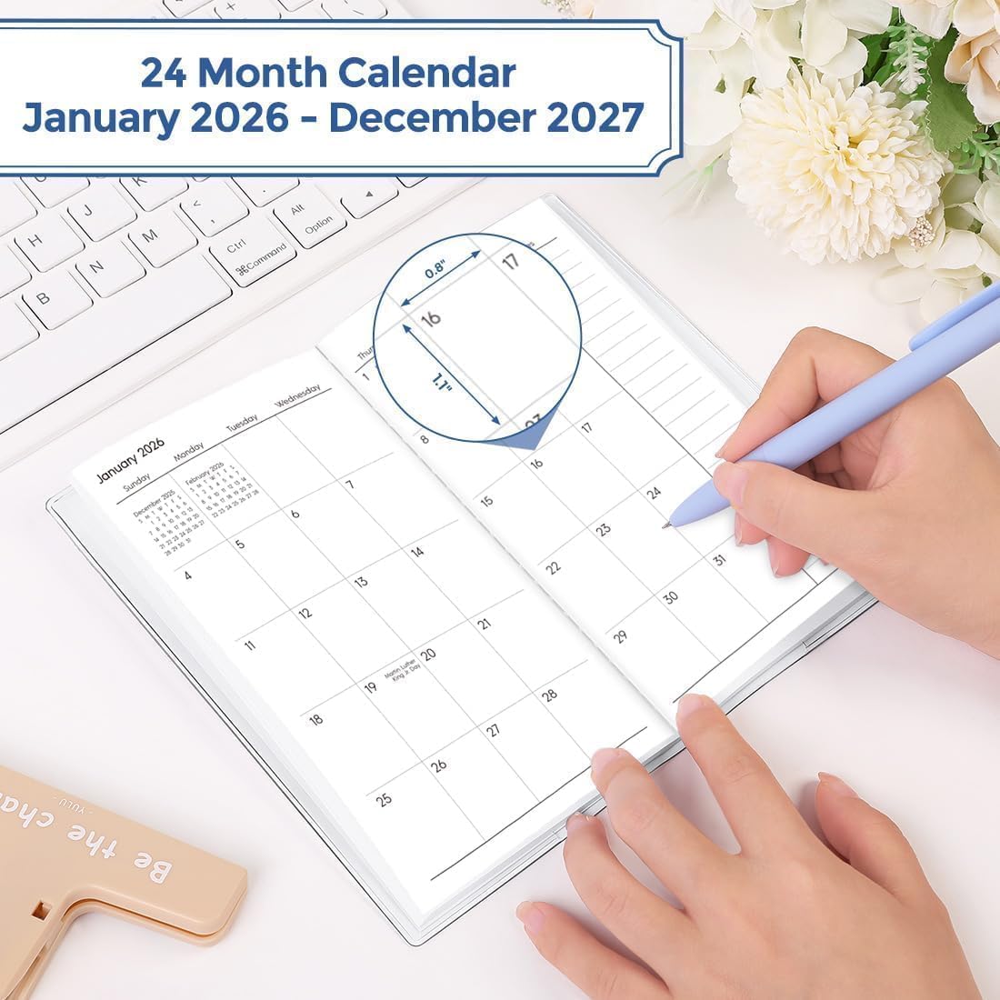 SKYDUE Pocket Calendar 2026-2027, Monthly Planner Jan 2026- Dec 2027 for Purse, 6.7" x 3.7" 2 Year Small Pocket Planner, Compact Design with Plastic Sleeve Blue