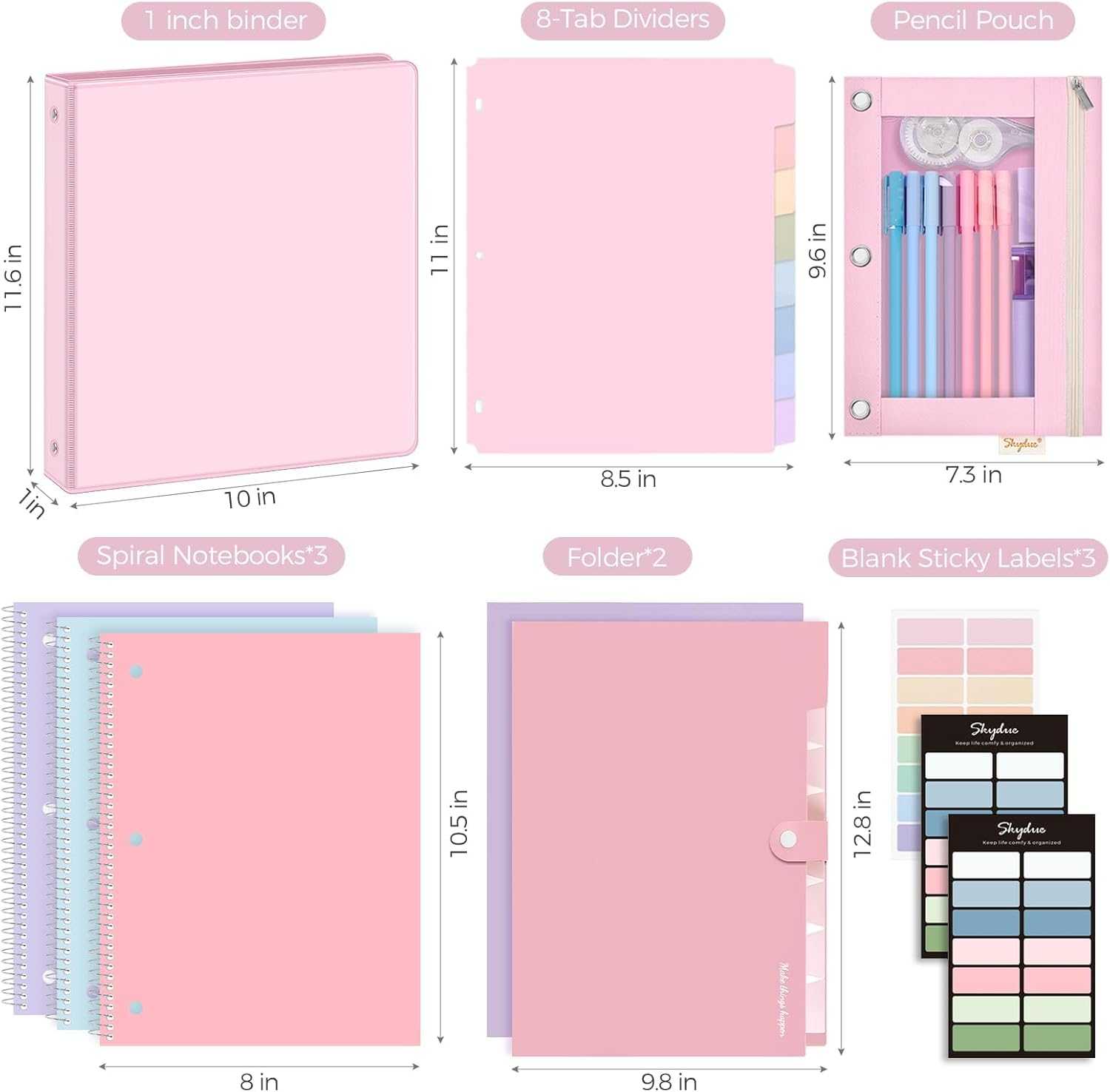 SKYDUE School Supplies Set – 1" 3-Ring Binder, 2 Expanding File Folders, 3 Spiral Notebooks, 8 Tab Dividers & Pencil Pouch – Cute Stationery for High School Stude, College Essentials Purple
