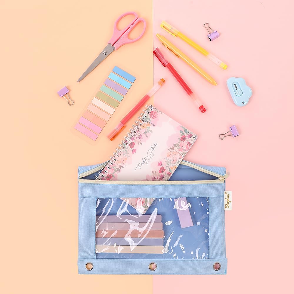 SKYDUE 3 Ring Pencil Pouch for Binder, Zipper Binder Pencil Pouch with 3 Pockets and Mesh Window, Durable Organizer for School Supplies, Cables, Earbuds, Makeup