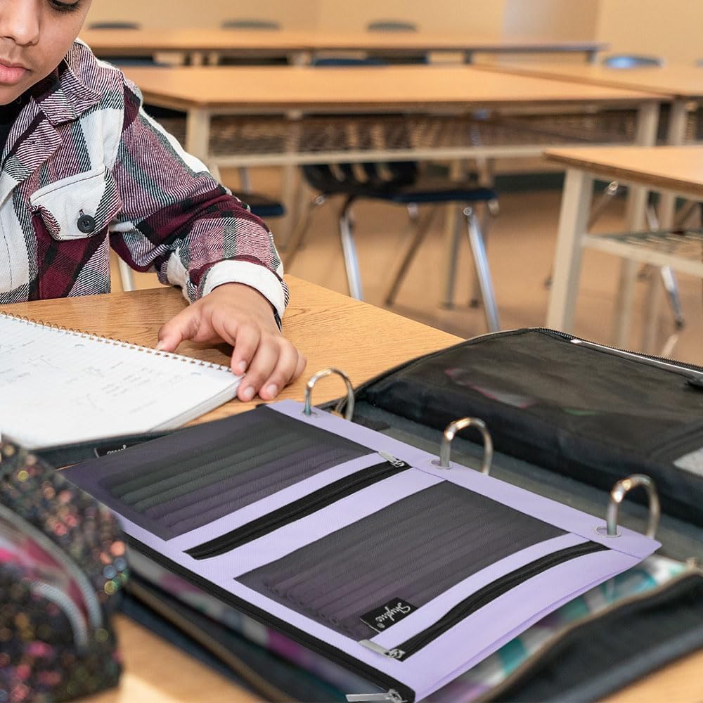 SKYDUE Pencil Pouch for Binder, Pencil Case, 3 Ring Binder Pencil Pouch with 3 Pockets and Mesh Window, Zipper Pencil Pouch, Durable Organizer for School Supplies, Cables, Earbuds, Makeup