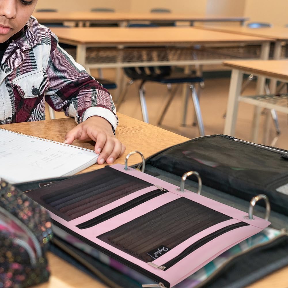 SKYDUE Pencil Pouch for Binder, Pencil Case, 3 Ring Binder Pencil Pouch with 3 Pockets and Mesh Window, Zipper Pencil Pouch, Durable Organizer for School Supplies, Cables, Earbuds, Makeup
