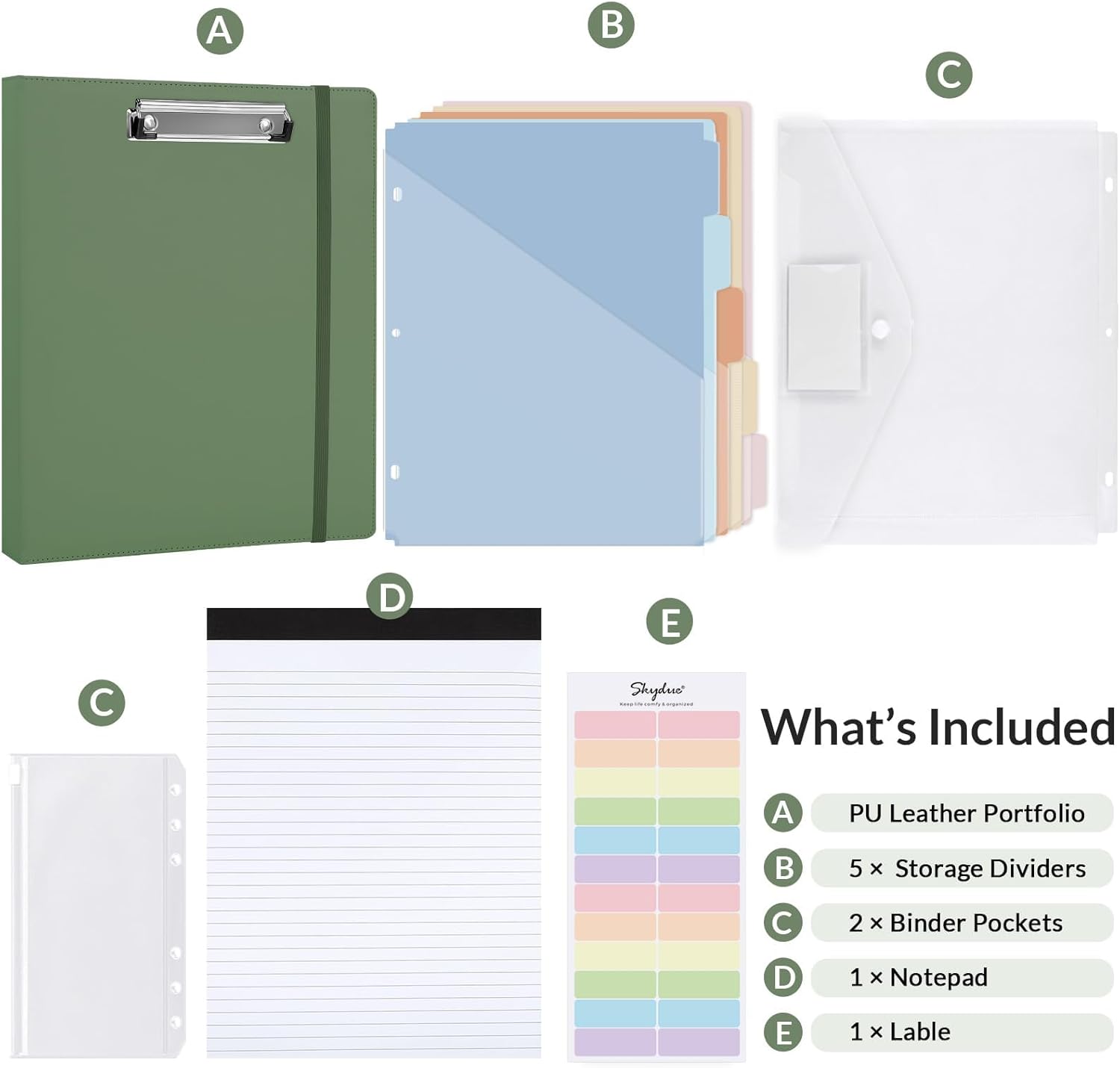 SKYDUE Clipboard Binder with Refillable Notepad, PU Clipboard Folder Includes 5 Dividers with 10 Pockets, Labels, 3 Ring Binder 1 Inch for School Office (Fit Letter Sized Paper),Olivegreen