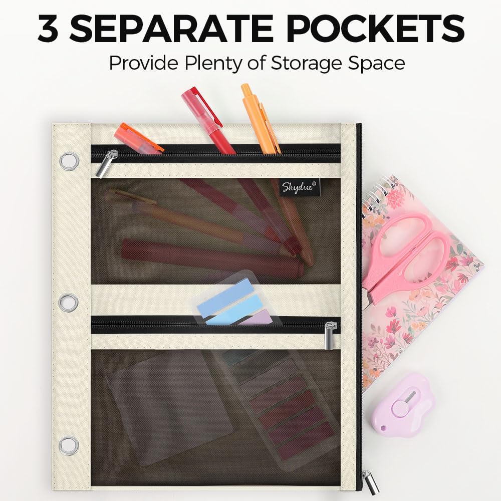 SKYDUE Pencil Pouch for Binder, Pencil Case, 3 Ring Binder Pencil Pouch with 3 Pockets and Mesh Window, Zipper Pencil Pouch, Durable Organizer for School Supplies, Cables, Earbuds, Makeup