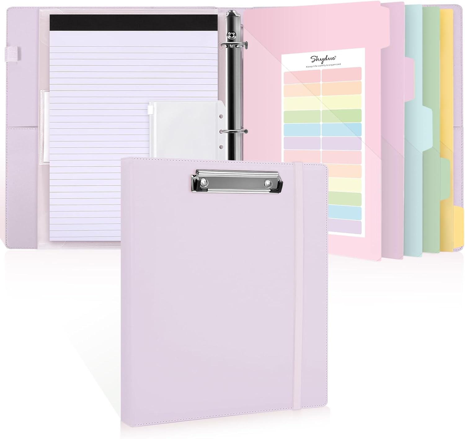 SKYDUE Clipboard Binder with Refillable Notepad, PU Clipboard Folder Includes 5 Dividers with 10 Pockets, Labels, 3 Ring Binder 1 Inch for School Office (Fit Letter Sized Paper),Olivegreen