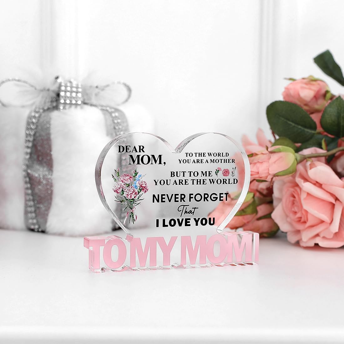SKYDUE Gifts for Mom from Daughter Son, Heart Shaped "To My Mom" Acrylic Plaque - Meaningful Desk Decor Christmas Gift for Mother, Unique Birthday, Mother's Day, Christmas, Thanksgiving Day Gift Idea