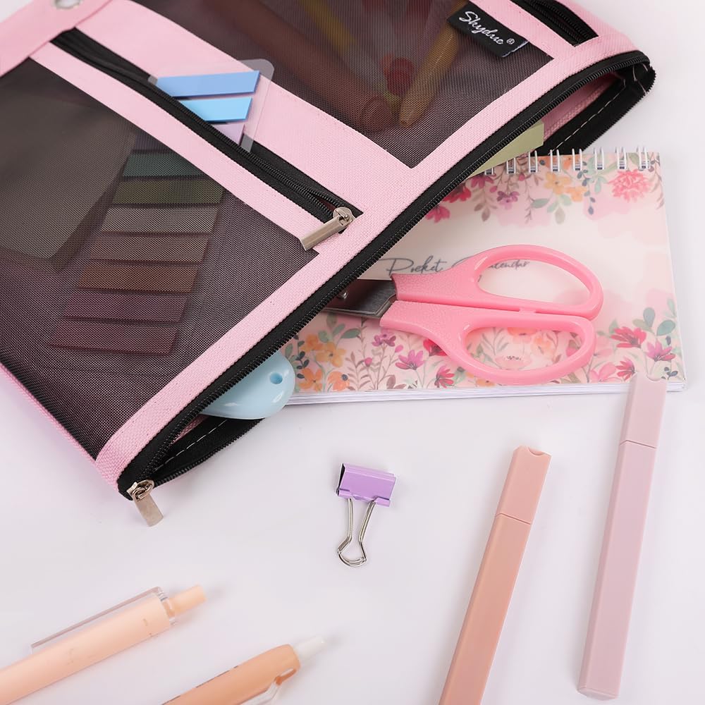SKYDUE Pencil Pouch for Binder, Pencil Case, 3 Ring Binder Pencil Pouch with 3 Pockets and Mesh Window, Zipper Pencil Pouch, Durable Organizer for School Supplies, Cables, Earbuds, Makeup