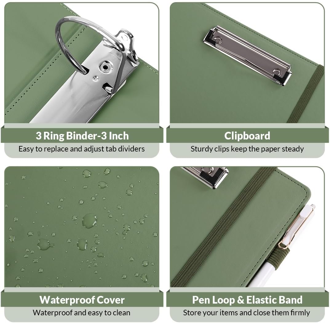 SKYDUE Clipboard Binder with Refillable Notepad, PU Clipboard Folder Includes 5 Dividers with 10 Pockets, Labels, 3 Ring Binder 1 Inch for School Office (Fit Letter Sized Paper),Olivegreen