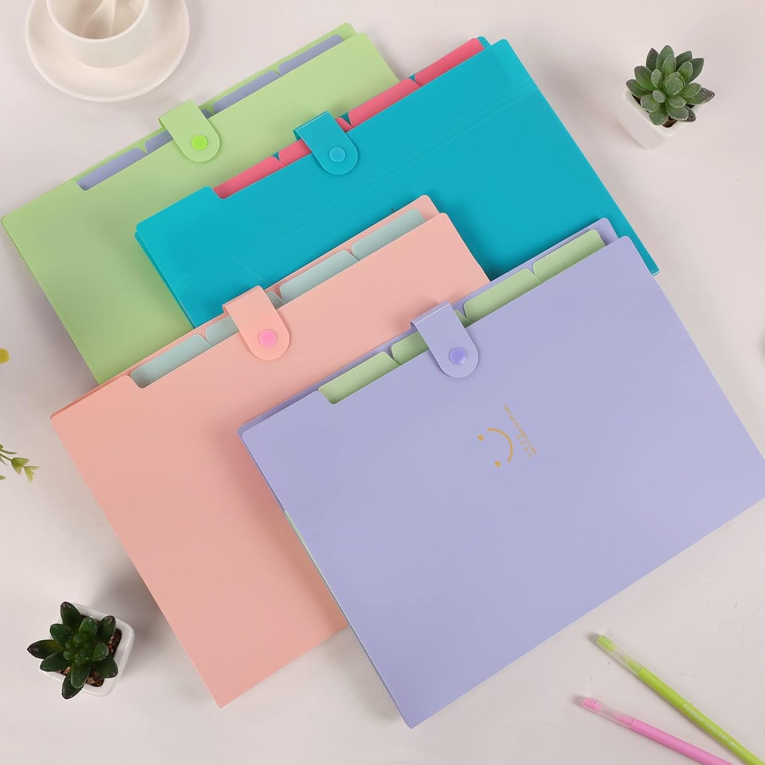 SKYDUE Expanding File Folders with 5 Pockets, Accordion File Organizer with 32 Labels, Portable Document Paper Organizer, Filing Folders, Letter / A4 Size, Pack of 4