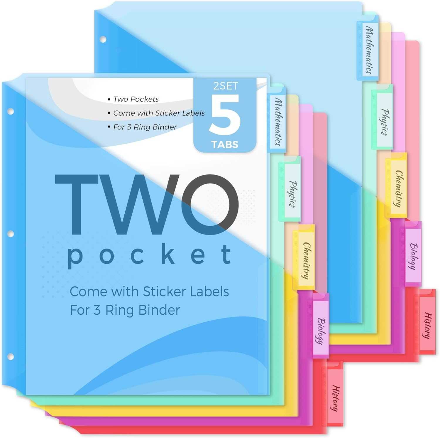 SKYDUE Binder Dividers with Two Pockets, 1Set, 5 Tabs Dividers for 3 Ring Binder, Plastic Binder Dividers with Tabs for School, Office, and Home Organization,Blue