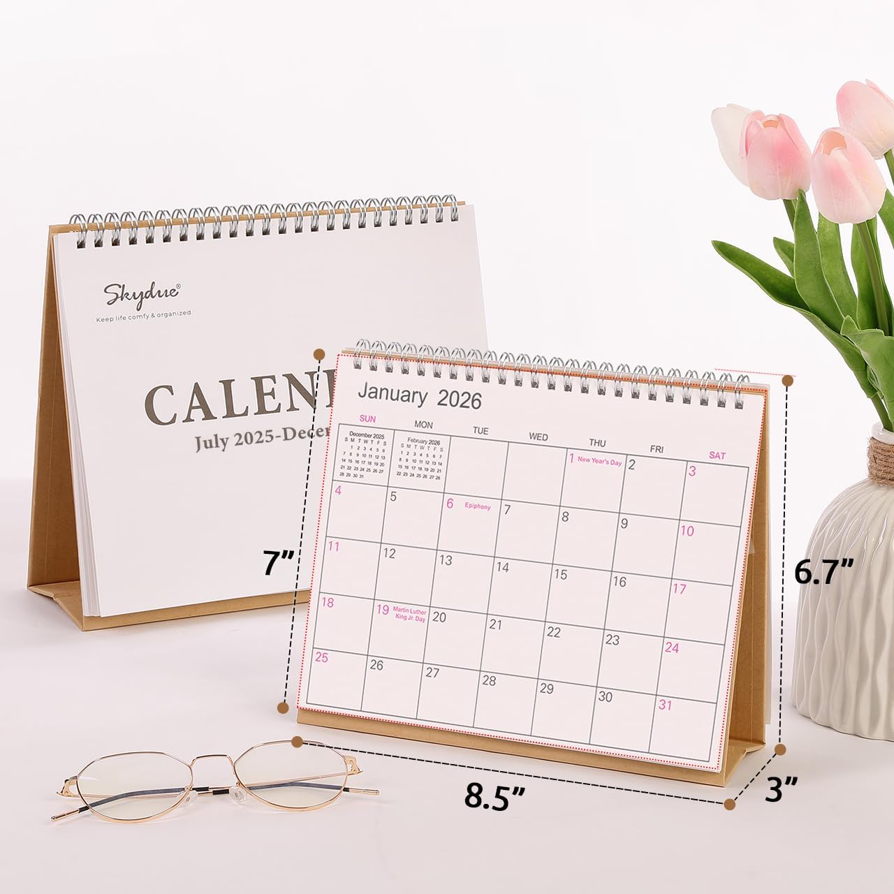 SKYDUE Small Desk Calendar 2026-2027, Apr. 2026 to Dec. 2027, 21 Months Small Desk Calendar with Planner Stickers, 8.5" x 7" Desktop Calendar Planner, Kraft