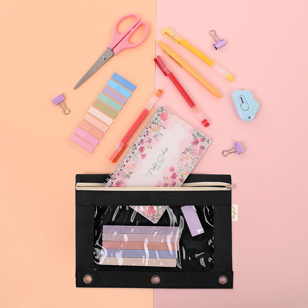 SKYDUE 3 Ring Pencil Pouch for Binder, Zipper Binder Pencil Pouch with 3 Pockets and Mesh Window, Durable Organizer for School Supplies, Cables, Earbuds, Makeup