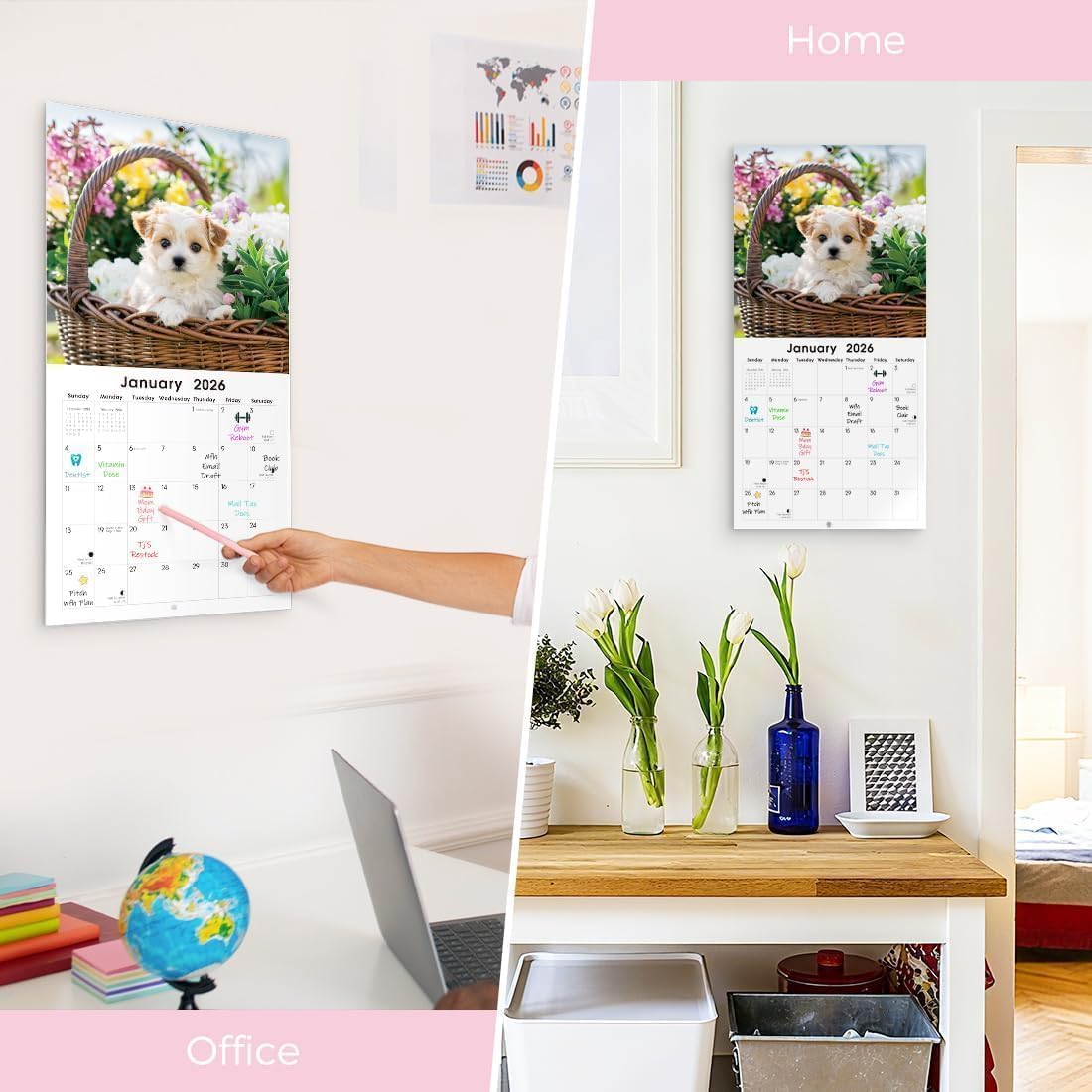 SKYDUE 2026 Wall Calendar 12"x24" Opened, 18-Month Puppy Dog Calendar from January 2026 to June 2027 with Stickers, Thick Paper Monthly Calendar for Home Office Organizing & Planning