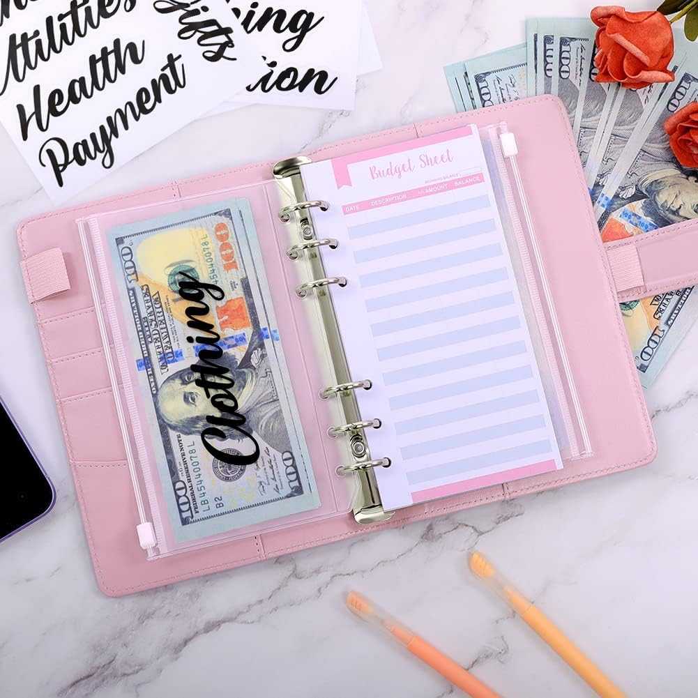 SKYDUE Buckle Budget Binder with Zipper Envelopes and 12 Pcs Budget Stickers Set