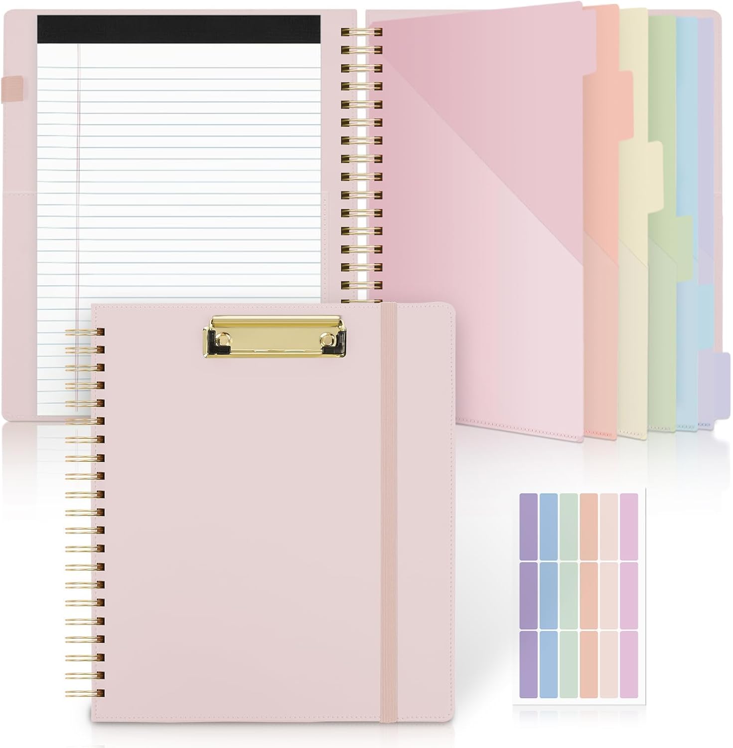 SKYDUE Clipboard Folder with Storage, 6 Dividers with 12 Pockets for Letter Size, Storage Clipboard Folio with Refillable Notepad, Spiral Clipboards Padfolio for Teacher Worker Supplies