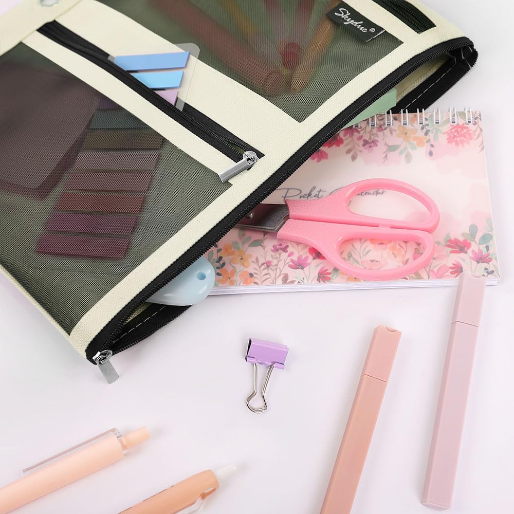 SKYDUE Pencil Pouch for Binder, Pencil Case, 3 Ring Binder Pencil Pouch with 3 Pockets and Mesh Window, Zipper Pencil Pouch, Durable Organizer for School Supplies, Cables, Earbuds, Makeup