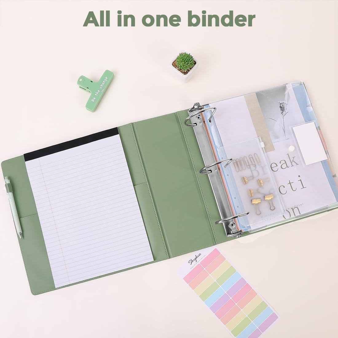 SKYDUE Clipboard Binder with Refillable Notepad, PU Clipboard Folder Includes 5 Dividers with 10 Pockets, Labels, 3 Ring Binder 1 Inch for School Office (Fit Letter Sized Paper),Olivegreen