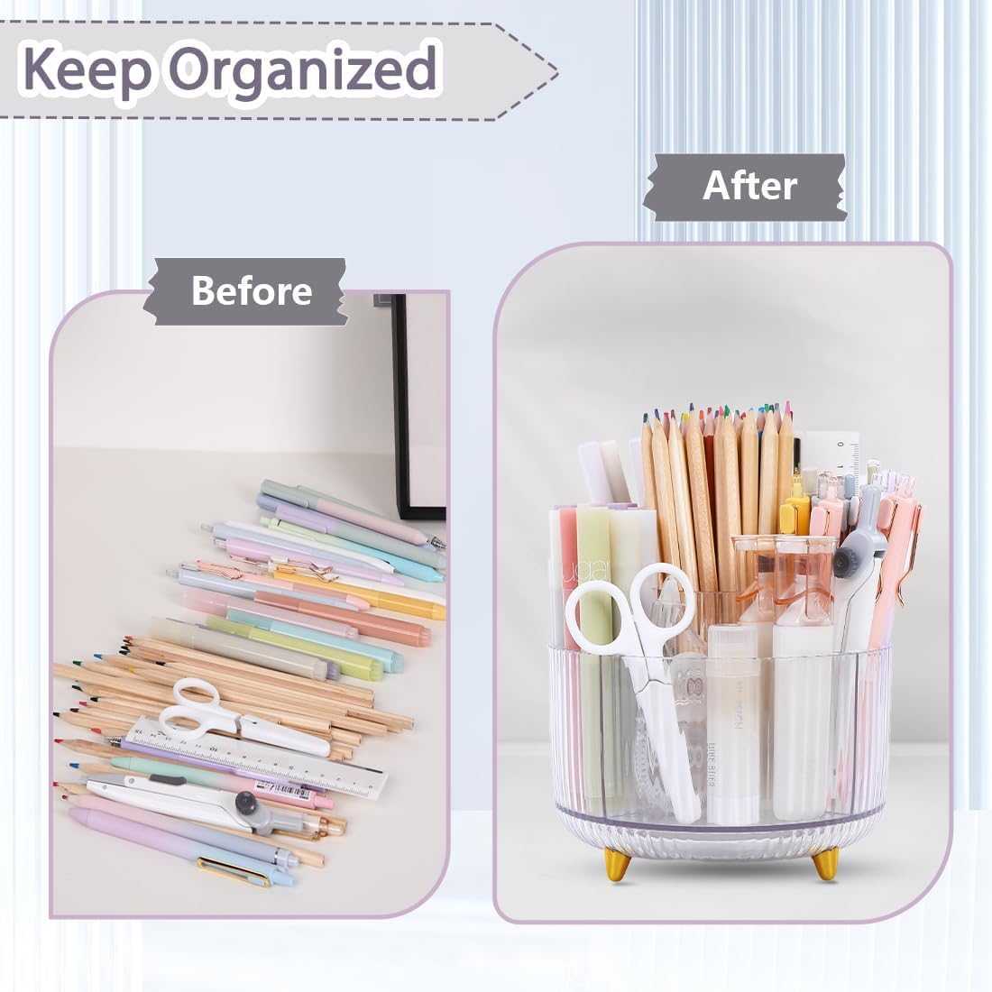 SKYDUE Rotating Pencil Pen Holder, Pen Organizer with 5 Slots - Aesthetic Desk Organizer and Accessories for School, Home, Office Supplies, Clear Pink