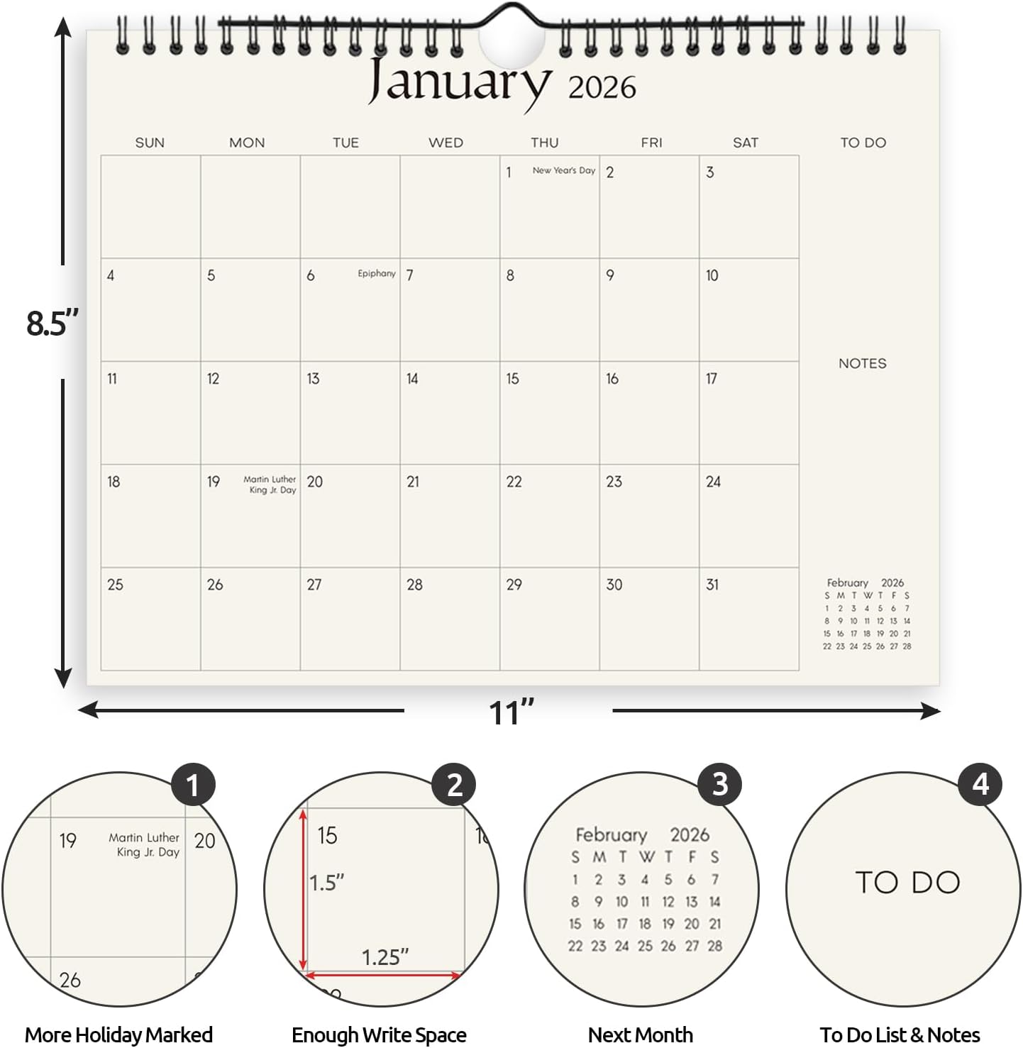 SKYDUE Wall Calendar 2026-2027, Jan 2026 to Jun 2027 18 Months 2026 Wall Calendar with Planner Stickers, 14.5" x 11.5", Black